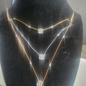 Layered 18k Yellow Gold, White Gold, and Rose Gold Necklace With Diamonds.